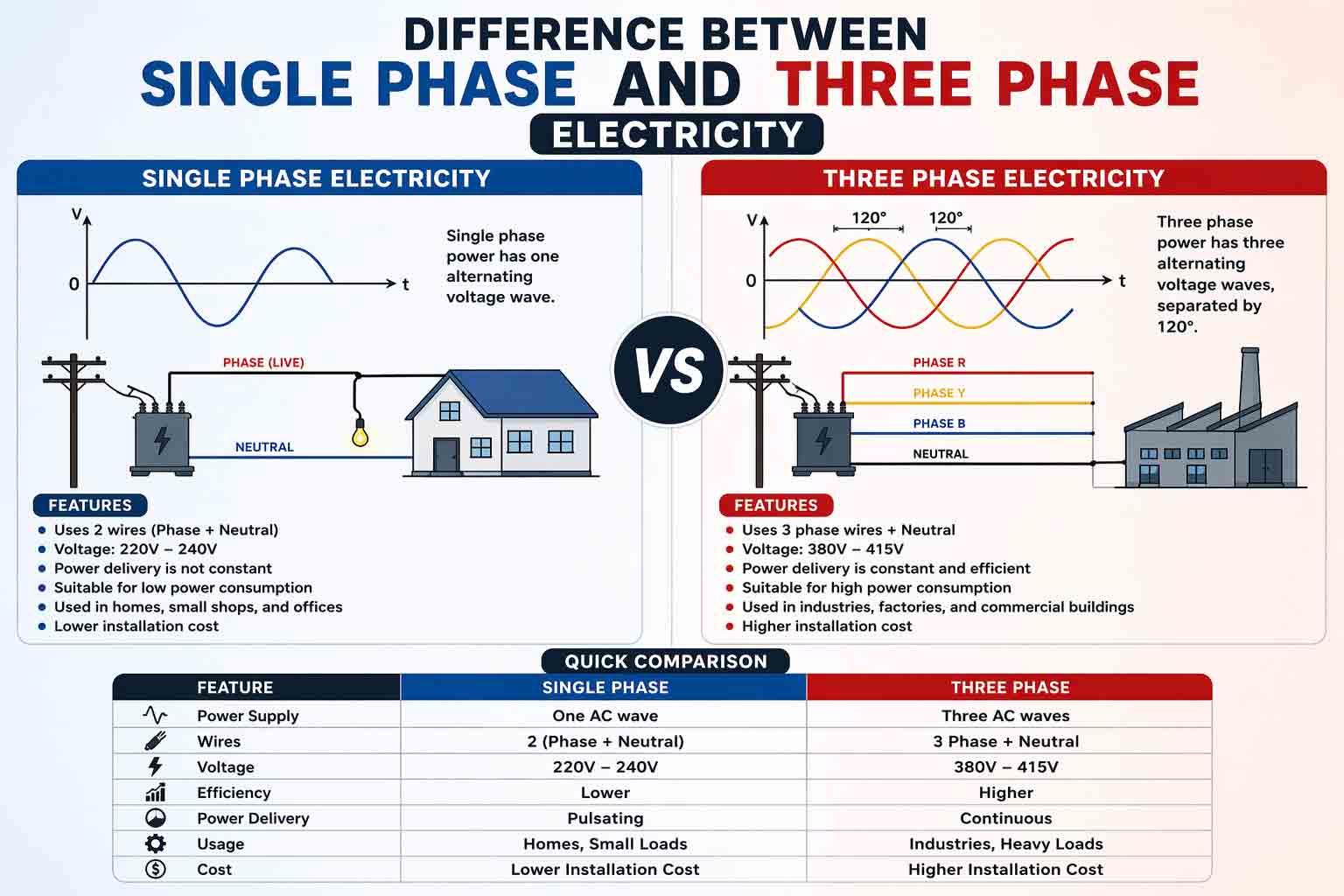 Difference Between Single Phase and Three Phase Electricity